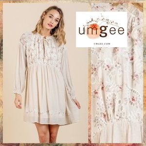 Umgee Babydoll Dress Floral Crochet Ruffle Details